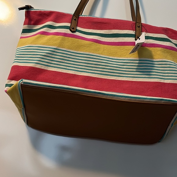 NWT Sonoma Multi Stripe Cotton Zip Faux Leather Tote - Picture 4 of 14